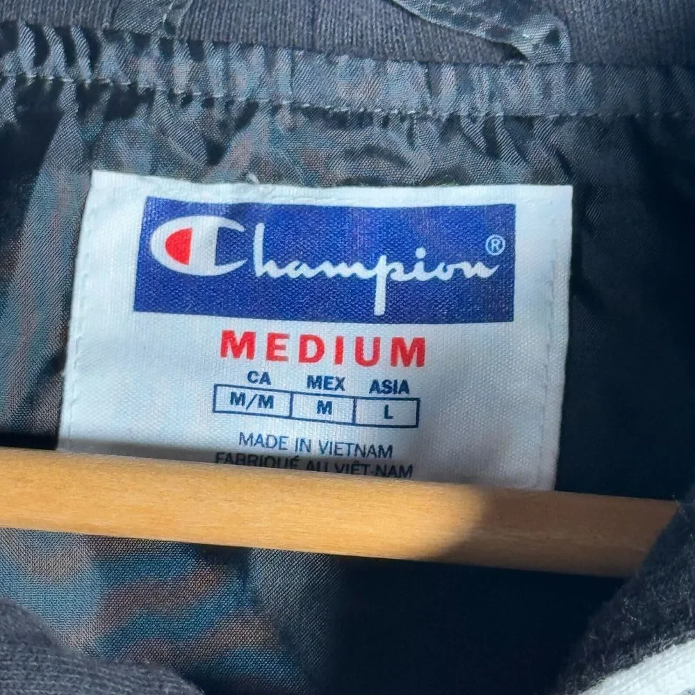 Champion Hooded Windbreaker‎ Jacket Mens Medium Standard Fit Black Fleece Hood